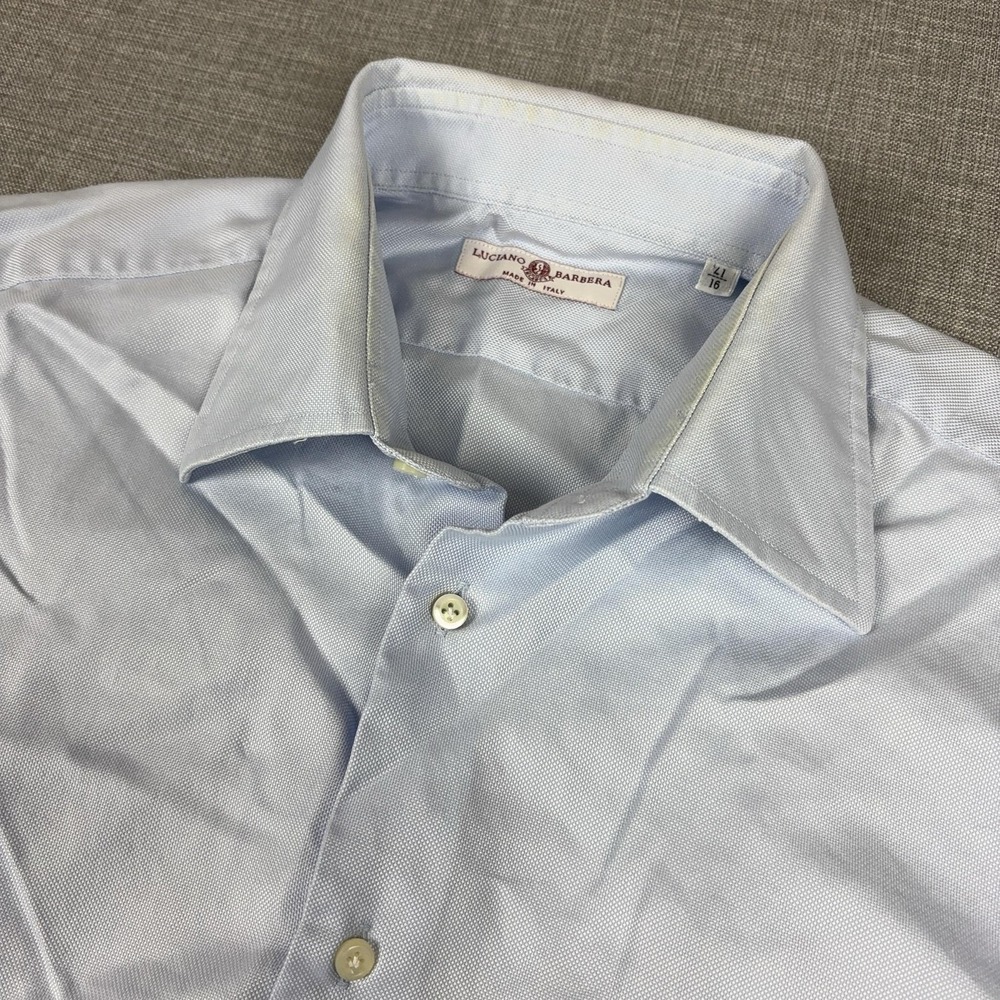 Luciano Barbera Shirt Mens 16 Blue Solid 100% Cotton Dress Long Sleeve Italy